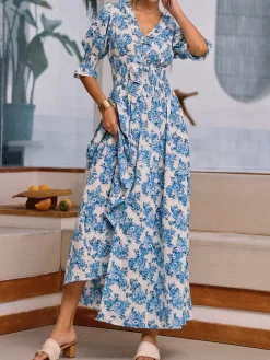 COMMENSE Floral Print Split Long Dress* Floral Dresses|Vacation Dresses