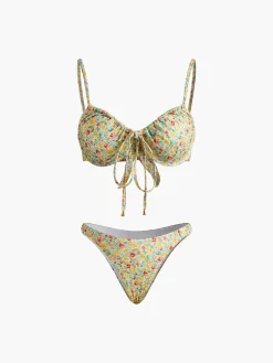 COMMENSE Floral Print Tie Front Bikini Set* Swimwear|Tops