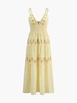 COMMENSE Floral Print V-Neck Cami Knotted Long Dress* Vacation Dresses|Summer Dresses