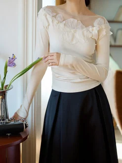 COMMENSE Floral-Decor Ribbed Slim T-Shirt* T-shirts|Tops