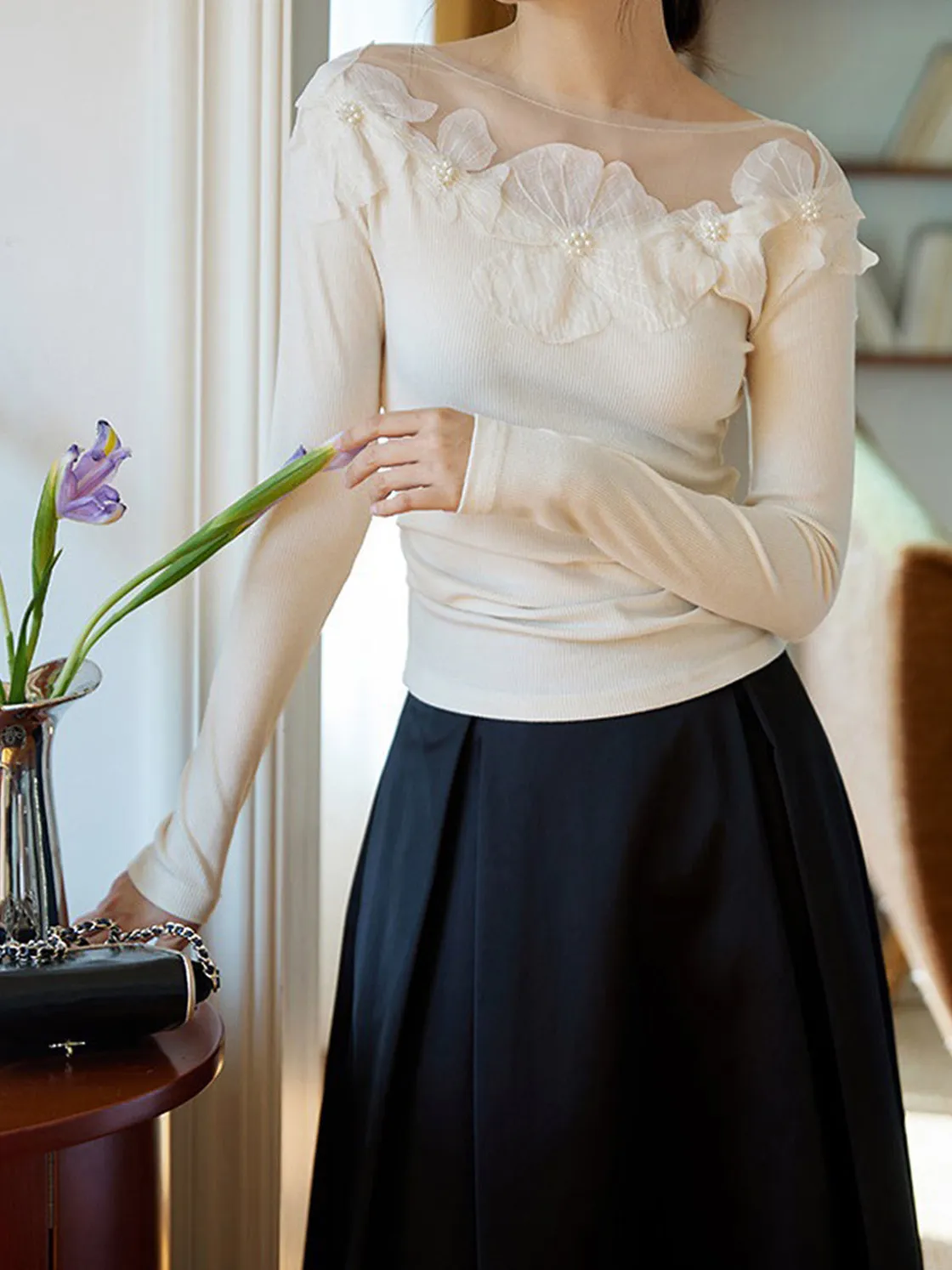 COMMENSE Floral-Decor Ribbed Slim T-Shirt* T-shirts|Tops