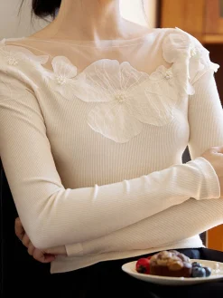 COMMENSE Floral-Decor Ribbed Slim T-Shirt* T-shirts|Tops
