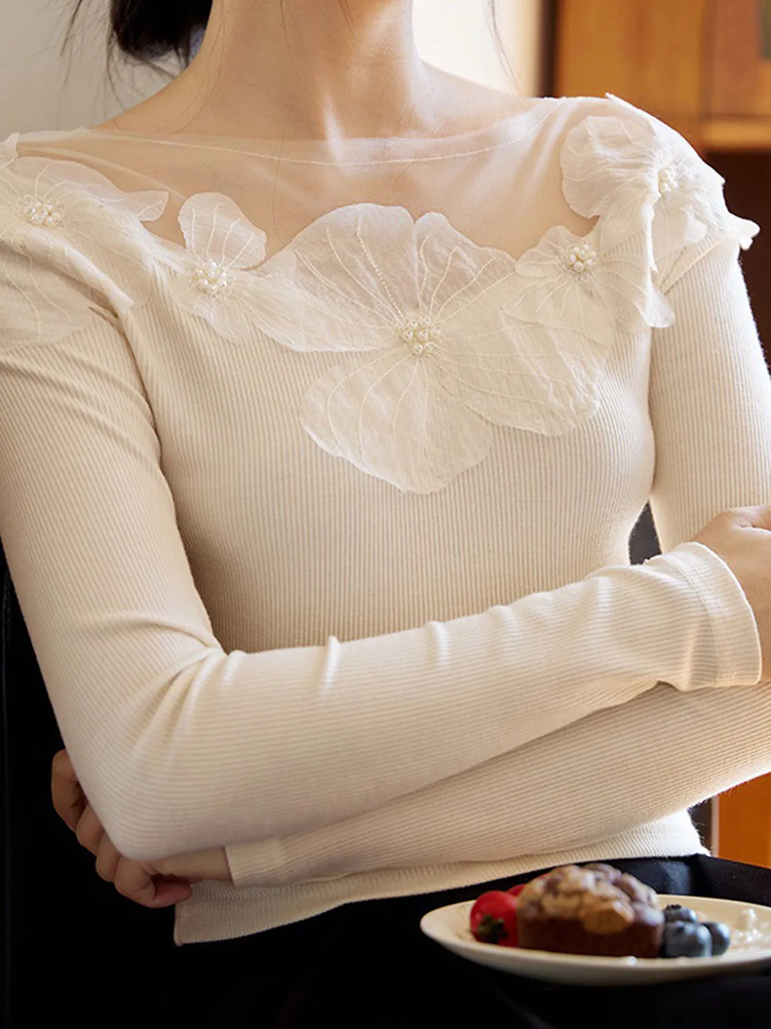 COMMENSE Floral-Decor Ribbed Slim T-Shirt* T-shirts|Tops