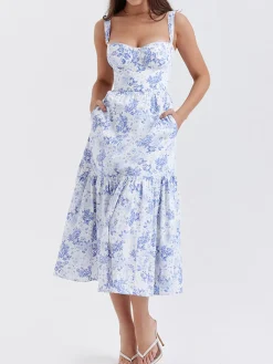 COMMENSE Forget Me Not Floral Pockets Zippered Long Dress* Casual Dresses|Floral Dresses