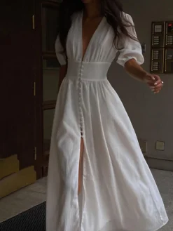COMMENSE Frenchy Button Split Long Dress* White Dresses|Black Dresses