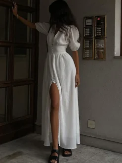 COMMENSE Frenchy  Button Split Long Dress* White Dresses|Black Dresses