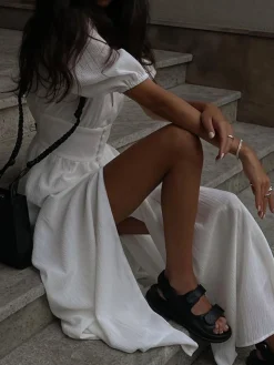 COMMENSE Frenchy  Button Split Long Dress* White Dresses|Black Dresses