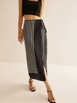 COMMENSE Geometric Pinstripe Satin Wrap Tie Skirt* Skirts|Matching Sets