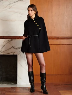 COMMENSE Golden Button Pockets Belted Cloak* Outerwear|Outerwear