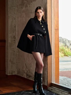 COMMENSE Golden Button Pockets Belted Cloak* Outerwear|Outerwear