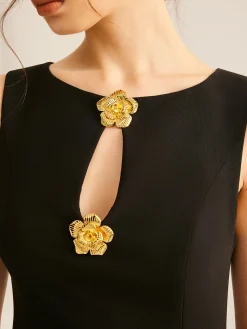 COMMENSE Golden Flower Brooch Cutout Tank Dress* Black Dresses|Casual Dresses