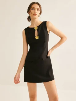 COMMENSE Golden Flower Brooch Cutout Tank Dress* Black Dresses|Casual Dresses