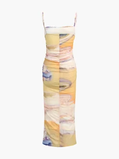 COMMENSE Granite Tie Dye Mesh Ruched Midi Dress* Casual Dresses|Vacation Dresses