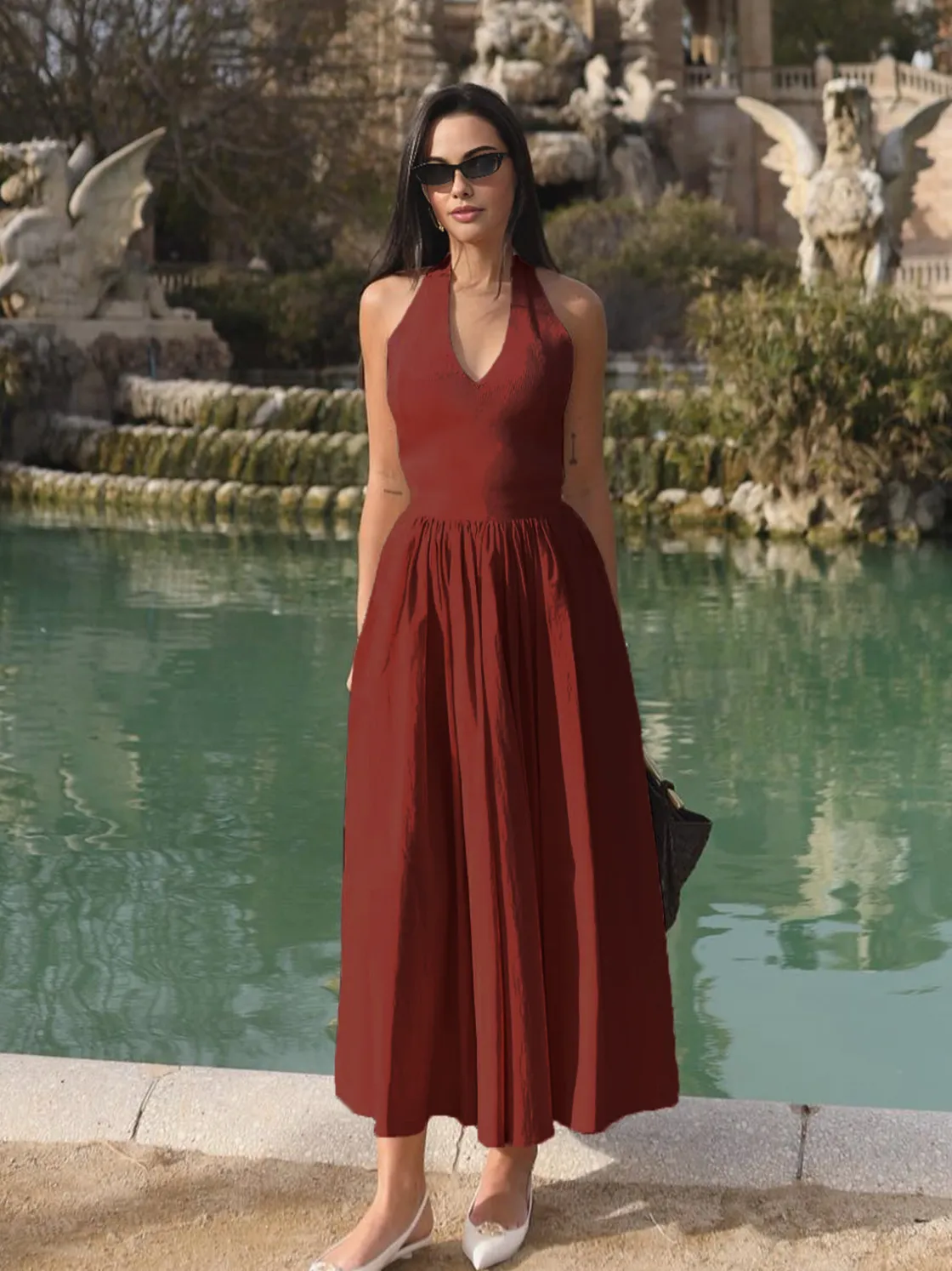 COMMENSE Halter Backless Pockets Dress* White Dresses|Black Dresses