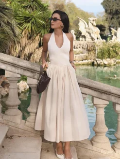 COMMENSE Halter Backless Pockets Dress* White Dresses|Black Dresses