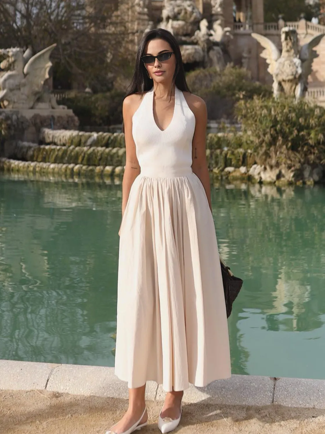 COMMENSE Halter Backless Pockets Dress* White Dresses|Black Dresses