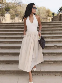 COMMENSE Halter Backless Pockets Dress* White Dresses|Black Dresses