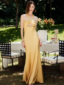 COMMENSE Halter Backless Satin Long Dress* Cocktail & Party Dresses|Summer Dresses