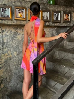 COMMENSE Halter Backless Tie Dye Short Dress* Casual Dresses|Cocktail & Party Dresses