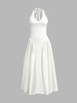 COMMENSE Halter Backless Zipper Low Cut Dress* White Dresses|Casual Dresses