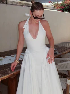 COMMENSE Halter Backless Zipper Low Cut Dress* White Dresses|Casual Dresses