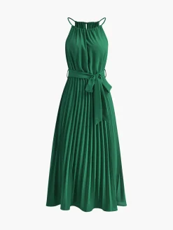 COMMENSE Halter Belted Pleated Midi Dress* Vacation Dresses|Summer Dresses