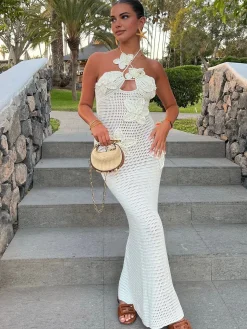 COMMENSE Halter Cutout Jacquard Long Sweater Dress* White Dresses|Sweater Dresses