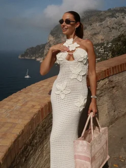 COMMENSE Halter Cutout Jacquard Long Sweater Dress* White Dresses|Sweater Dresses
