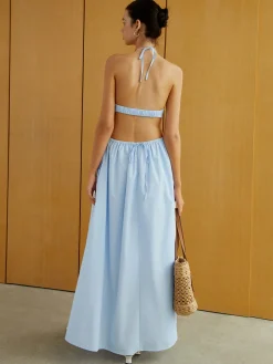 COMMENSE Halter Elastic Waist Cutout Long Pocket Dress* Cocktail & Party Dresses|Vacation Dresses