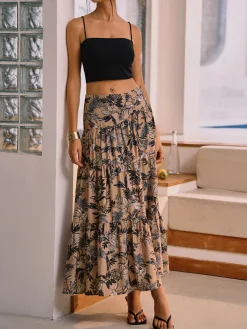 COMMENSE Herbal Harmony Plant Print Split Maxi Skirt* Skirts|Bottoms