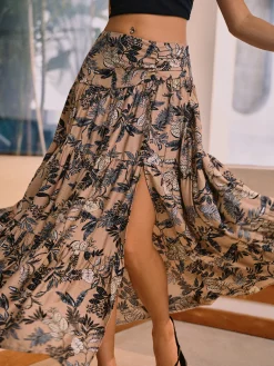 COMMENSE Herbal Harmony Plant Print Split Maxi Skirt* Skirts|Bottoms