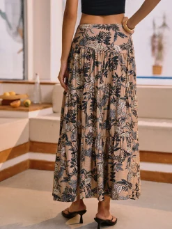 COMMENSE Herbal Harmony Plant Print Split Maxi Skirt* Skirts|Bottoms