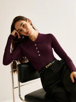 COMMENSE High Stretch Lapel Knit Top* Sweater Tops|Sweaters & Cardigans