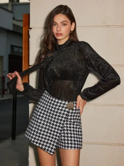 COMMENSE High-Waist Metal-Button Houndstooth Shorts* Shorts|Bottoms