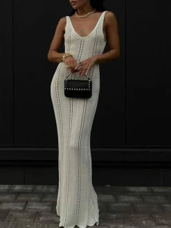 COMMENSE Hollow Knit Cami Long Dress* White Dresses|Sweater Dresses