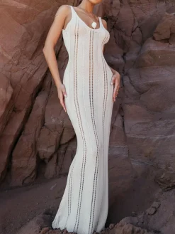 COMMENSE Hollow Knit Cami Long Dress* White Dresses|Sweater Dresses