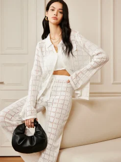 COMMENSE Hollow Plaid Drawstring Pants Set* Pants Sets|Long Sleeve Sets