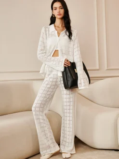 COMMENSE Hollow Plaid Drawstring Pants Set* Pants Sets|Long Sleeve Sets