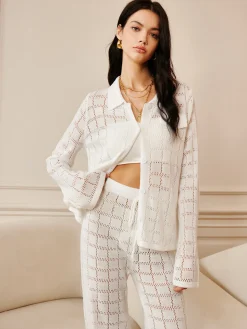 COMMENSE Hollow Plaid Drawstring Pants Set* Pants Sets|Long Sleeve Sets