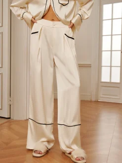 COMMENSE Home Satin Piping Wide-Leg Pants* Long Sleeve Sets|Pants