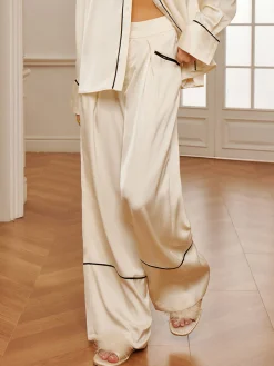 COMMENSE Home Satin Piping Wide-Leg Pants* Long Sleeve Sets|Pants