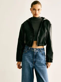 COMMENSE Hooded PU Leather Crop Jacket* Outerwear|Crop Tops