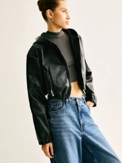 COMMENSE Hooded PU Leather Crop Jacket* Outerwear|Crop Tops