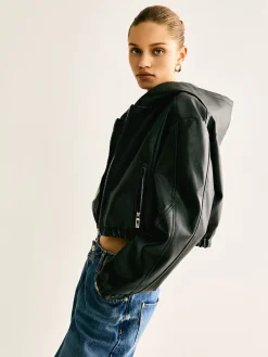 COMMENSE Hooded PU Leather Crop Jacket* Outerwear|Crop Tops