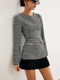 COMMENSE Houndstooth Panel Short Dress* White Dresses|Casual Dresses