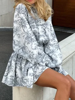 COMMENSE Ink Painting Print Tie Up A-Line Short Dress* Casual Dresses|Summer Dresses