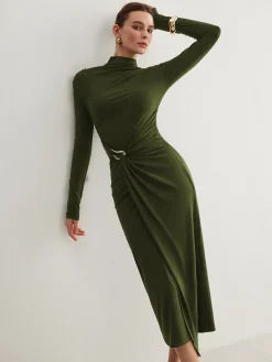 COMMENSE Irregular Metal-Ring Slit Pleated Dress* Black Dresses|Casual Dresses