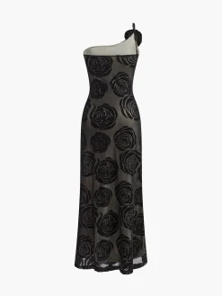 COMMENSE Jacquard Floral Asymmetrical Long Dress* Black Dresses|Casual Dresses