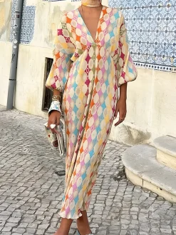 COMMENSE Jacquard Print V-Neck Dress* Casual Dresses|Cocktail & Party Dresses
