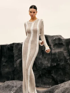 COMMENSE Jacquard Striped Crochet Long Dress* Sweater Dresses|Work Dresses
